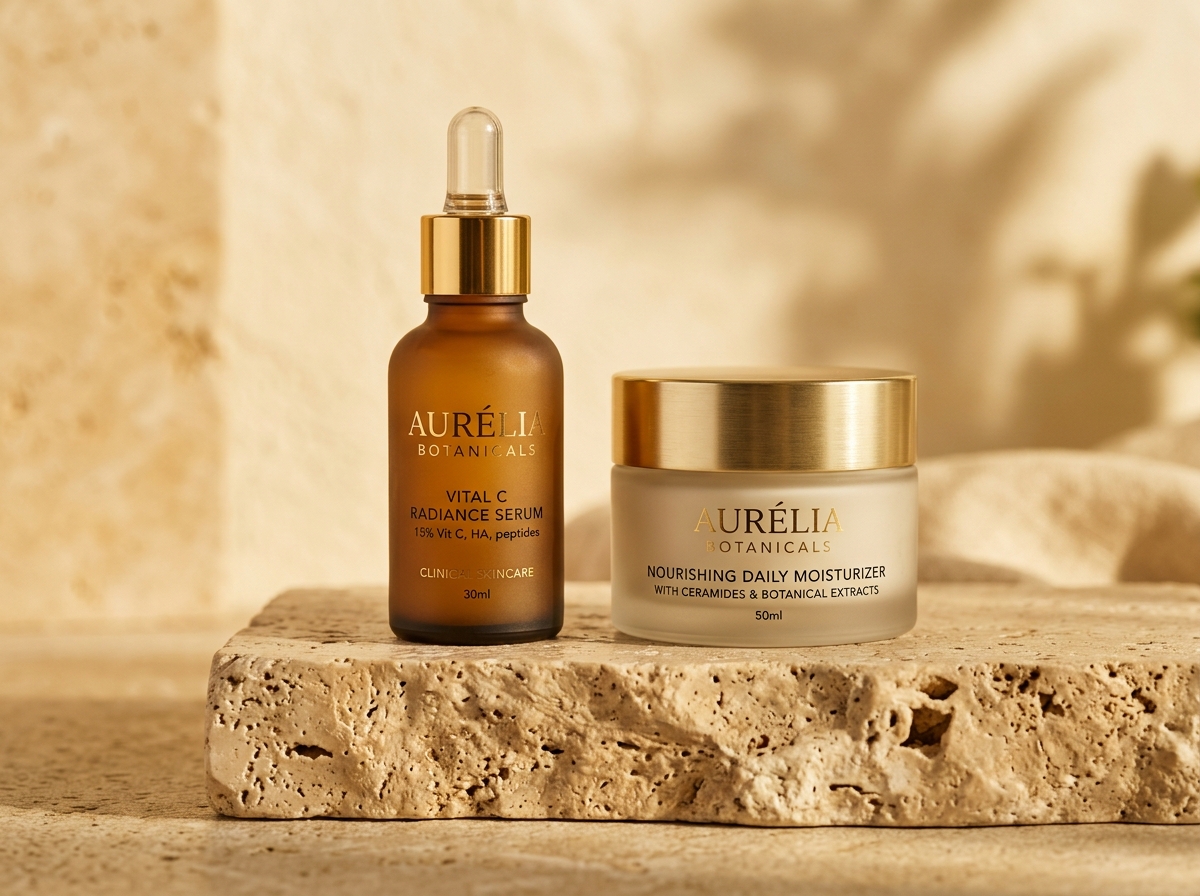 Skincare bottles on a stone pedestal